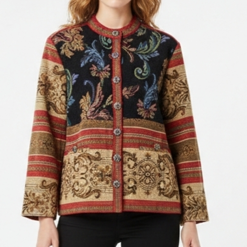 Sag Harbor Tapestry Jacket Size 14P Floral Button Front Pockets Brown Red Tan